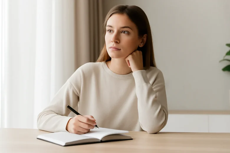 Mulher jovem com expressão serena, sentada à mesa com caderno aberto em um ambiente iluminado por luz natural, refletindo sobre si mesma em momento de introspecção