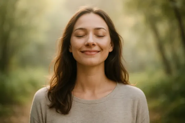 Pessoa de olhos fechados, sorrindo em paz, envolta por luz suave, em um ambiente natural.