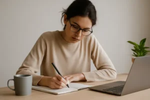 Mulher jovem concentrada escrevendo, com ambiente minimalista e luz suave, representando foco e clareza mental.