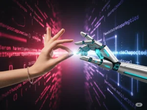 Uma mão humana estendida em um gesto de aceitação e colaboração encontra-se com uma mão robótica futurista, ambas se tocando suavemente em um fundo que mescla elementos de códigos digitais com um brilho suave e inspirador, simbolizando a harmonia entre a inteligência artificial e o potencial humano, com foco na otimização e criatividade.