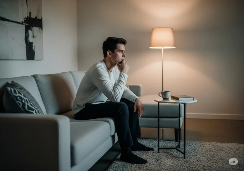 Homem jovem sentado em sua sala pensativo e reflexivo