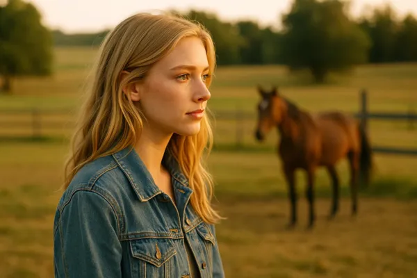 Jovem loira de pele clara e olhos azuis em um campo observando cavalos ao pôr do sol, refletindo sobre autenticidade e força interior