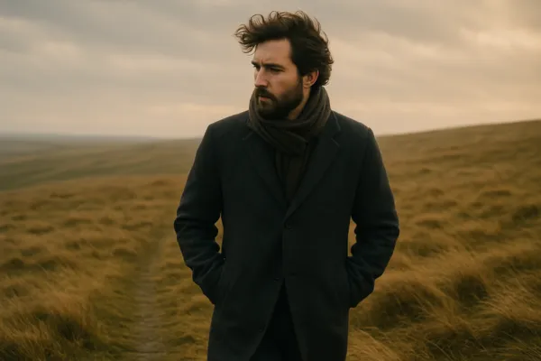 Homem caminhando em um campo ao nascer do sol, olhando para frente com expressão de coragem e reflexão, simbolizando o ato de superar o medo e abraçar novos recomeços