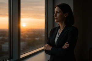 Mulher de cerca de 40 anos, vestida com roupa executiva, observa o nascer do dia pela janela de um escritório moderno, com expressão reflexiva e serena, simbolizando autoconhecimento, propósito e novos começos