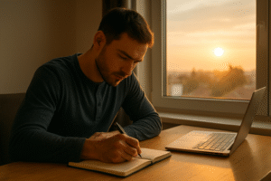 Pessoa concentrada escrevendo em um caderno ao nascer do sol, simbolizando disciplina, foco e poder pessoal