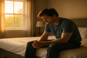 Um jovem rapaz à beira da cama ao amanhecer, refletindo em silêncio sobre como crescer emocionalmente, iluminada por luz suave entrando pela janela