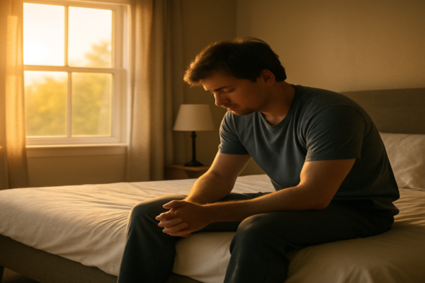 Um jovem rapaz à beira da cama ao amanhecer, refletindo em silêncio sobre como crescer emocionalmente, iluminada por luz suave entrando pela janela