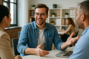 Homem de meia-idade em conversa leve e confiante com colegas no trabalho, ilustrando o momento em que ele começa a compreender por que o trabalho não te faz feliz e encontra novos caminhos de propósito.