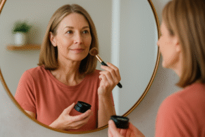 Mulher na casa dos 30 e poucos anos, em frente ao espelho, aplicando maquiagem com expressão pensativa e tranquila em um banheiro moderno iluminado.