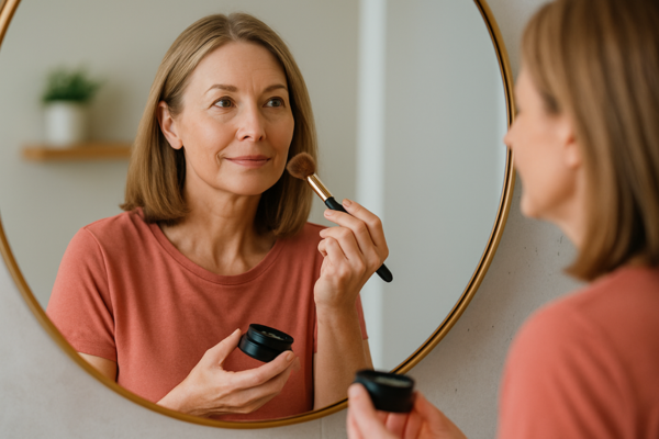Mulher na casa dos 30 e poucos anos, em frente ao espelho, aplicando maquiagem com expressão pensativa e tranquila em um banheiro moderno iluminado.