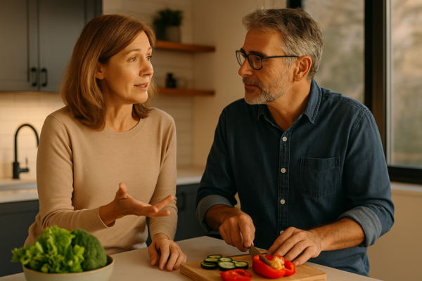 Casal de meia idade conversando na cozinha enquanto preparam a refeição, em um ambiente moderno e iluminado, transmitindo leveza, serenidade e conexão emocional.