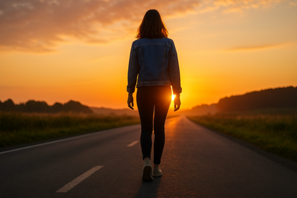 Mulher caminhando ao amanhecer em uma estrada vazia, simbolizando coragem, recomeço e fé em novos começos