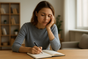 Pessoa refletindo diante de um caderno em branco, simbolizando o processo de encontrar seu propósito de vida e iniciar um recomeço consciente