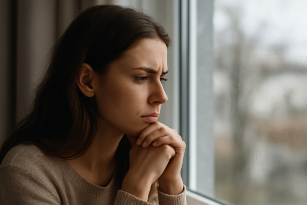 Pessoa refletindo diante da janela, buscando clareza emocional para lidar com ciúme sem motivo
