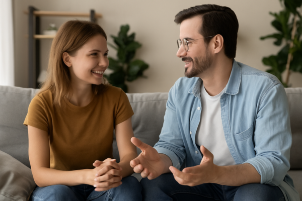 Jovem casal conversando com leveza na sala de estar, refletindo sobre ciúme imaginário e reconstrução emocional