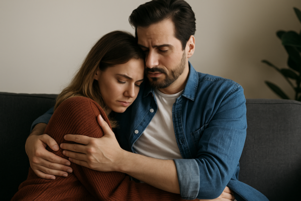 Casal abraçado em momento de reconexão emocional, ilustrando como reconstruir a confiança no relacionamento após conflitos