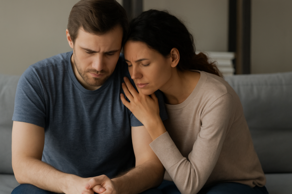 casal refletindo sobre como recuperar a confiança depois de crises de ciúme, sentado no sofá em um momento de apoio emocional
