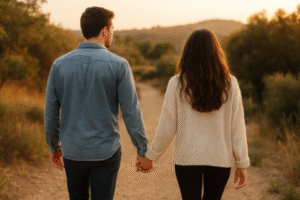 Casal caminhando juntos em um ambiente tranquilo enquanto aprende como tratar traumas antigos que ativam gatilhos emocionais atuais