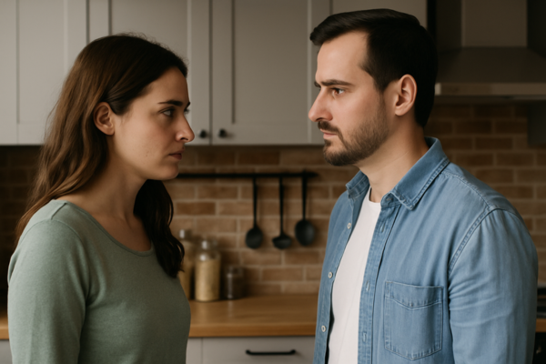 Casal na cozinha refletindo após uma traição no relacionamento, demonstrando dúvida entre permanecer juntos ou se separar.
