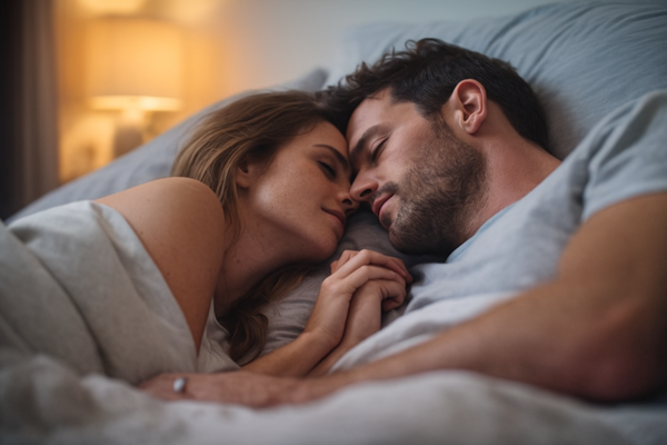 Casal deitado na cama, tocando as testas e segurando as mãos, representando intimidade afetiva durante a cura emocional.