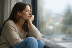 Mulher pensativa refletindo sobre autossabotagem e decisões emocionais da vida