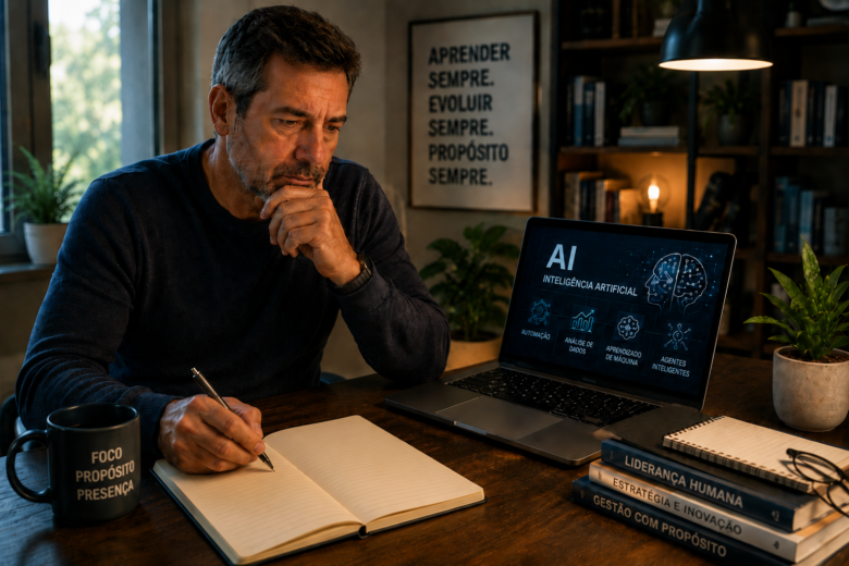 Profissional maduro diante de notebook em ambiente de trabalho, refletindo sobre inteligência artificial e propósito com expressão serena e pensativa.