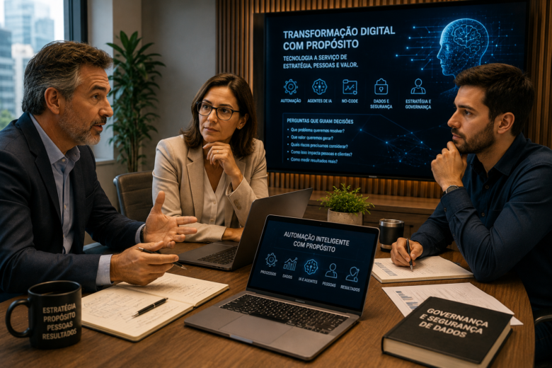 Empresários e profissionais em reunião estratégica analisando inteligência artificial, automação e transformação digital com propósito.