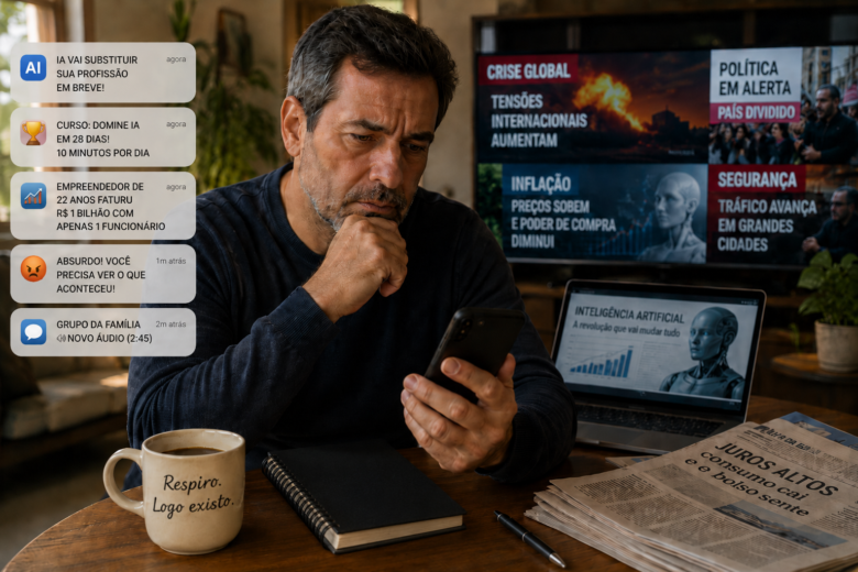 Pessoa adulta tomando café enquanto observa o celular com expressão pensativa, refletindo sobre excesso de informação, inteligência artificial, redes sociais e propósito em tempos de confusão.